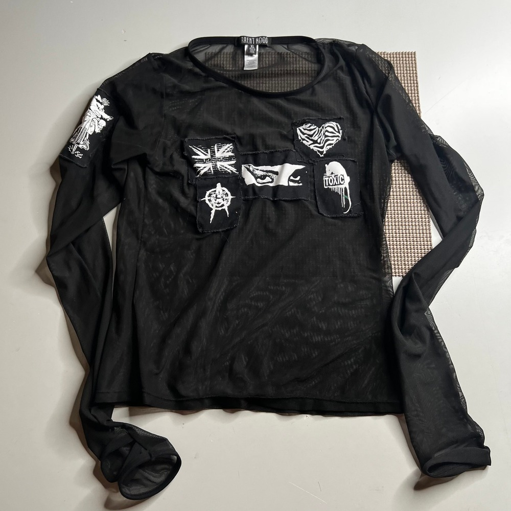Current Mood Dolls Kill Black Mesh Punk Patch Long Sleeve Top XL ACM203375